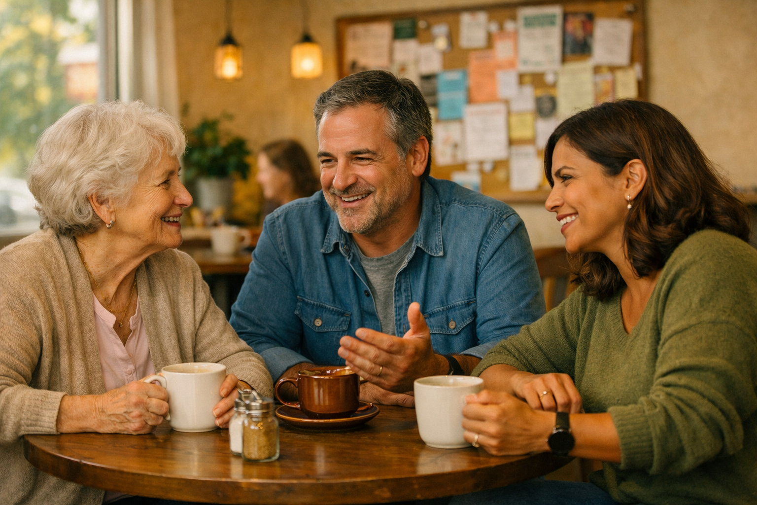 Residents chatting over coffee at a neighbourhood drop-in session