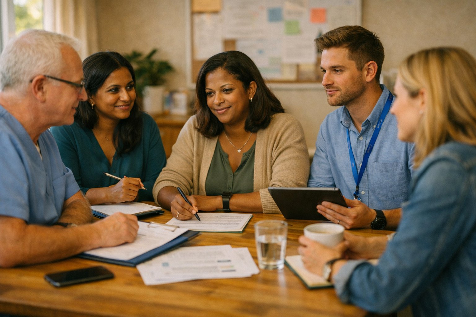 Multidisciplinary neighbourhood health team meeting around a table