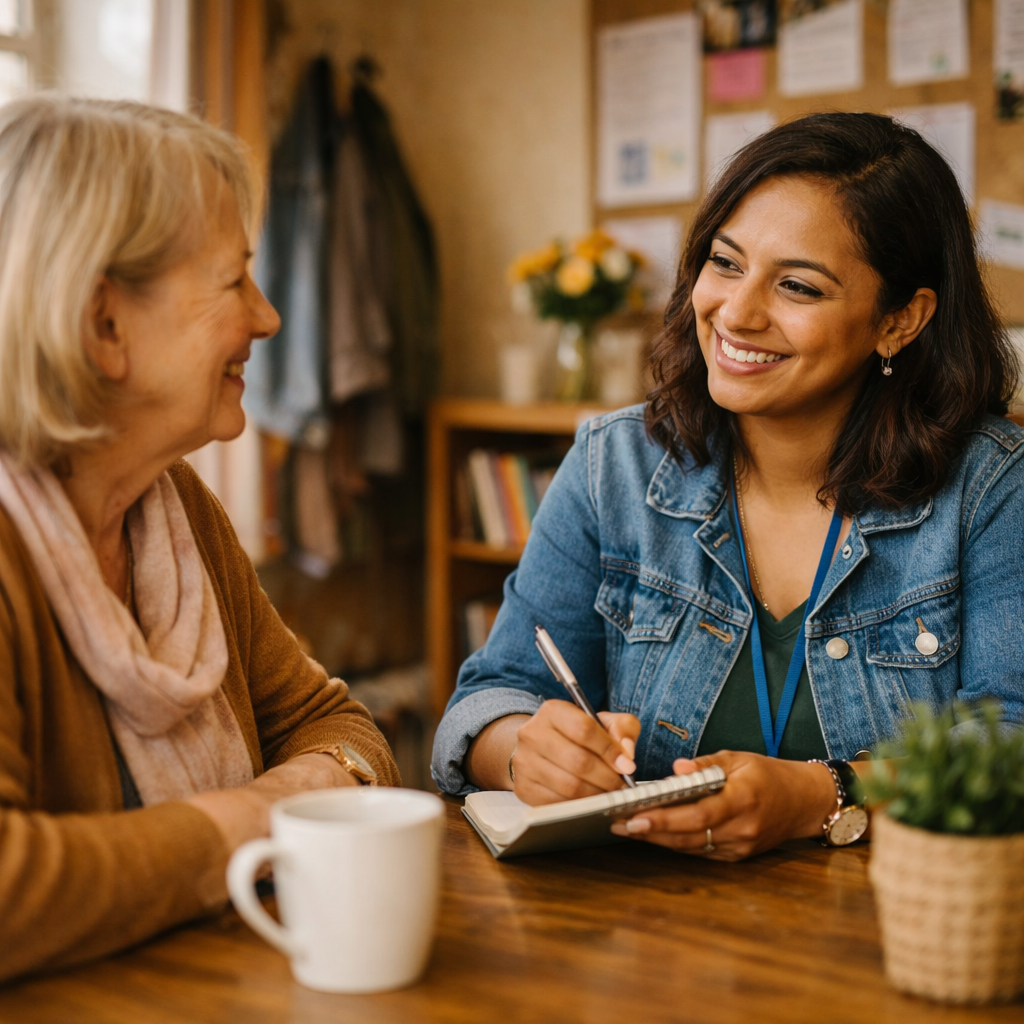 Resident in one-to-one conversation with a Help with Care coordinator at a neighbourhood drop-in
