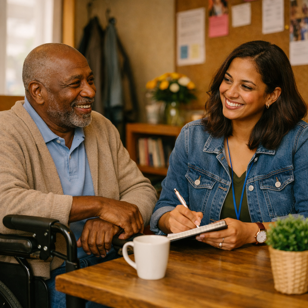 Older man in conversation with a Help with Care coordinator at a neighbourhood drop-in