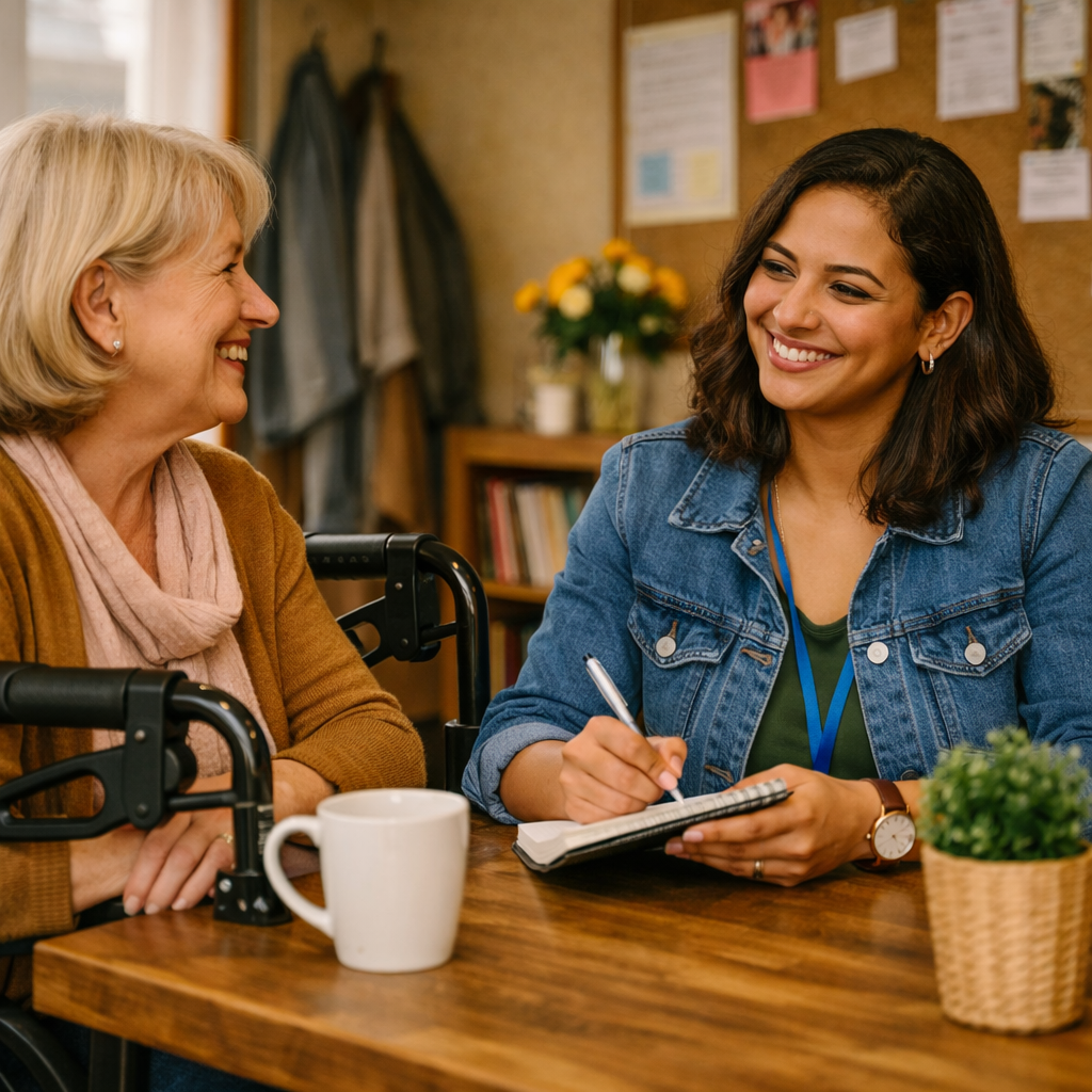 Wheelchair user in conversation with a Help with Care coordinator over coffee at a community drop-in