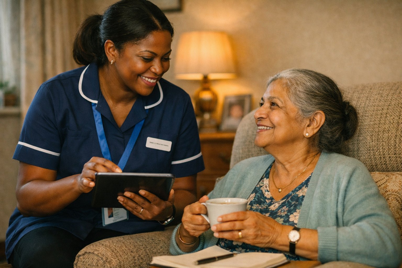 Community nurse showing tablet to elderly resident at home