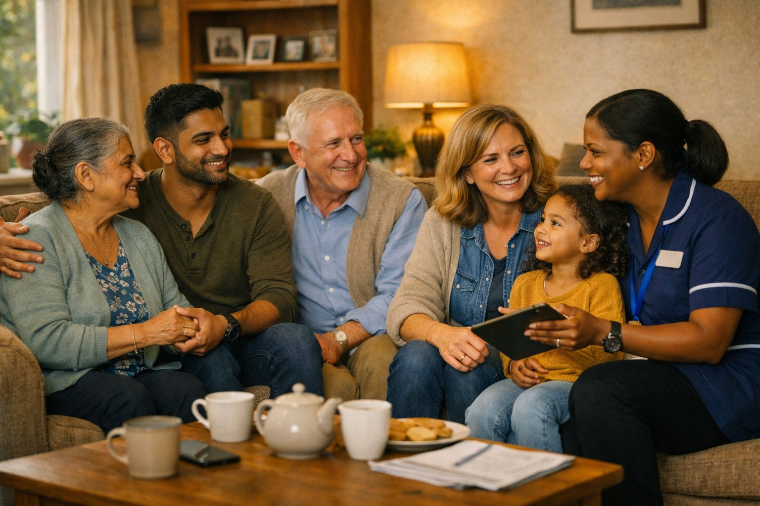 Family group with community nurse during a home visit