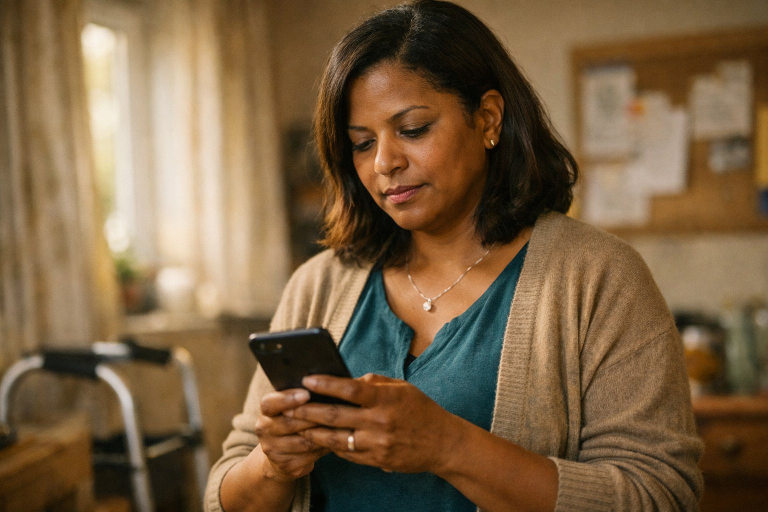 Woman carer on the phone at home, walking frame visible in background