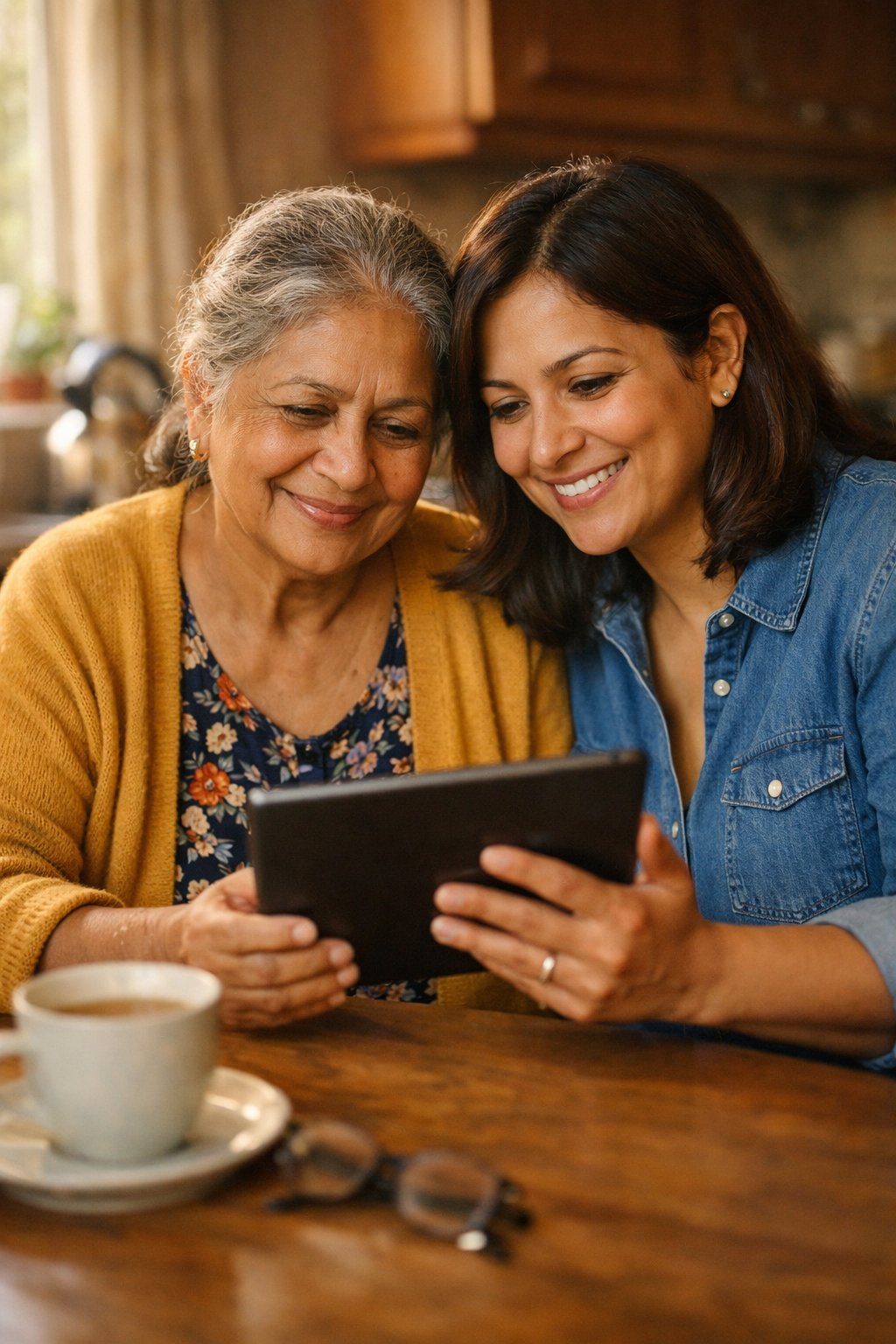 Mother and daughter looking at a tablet together at a kitchen table, calm and reassured
