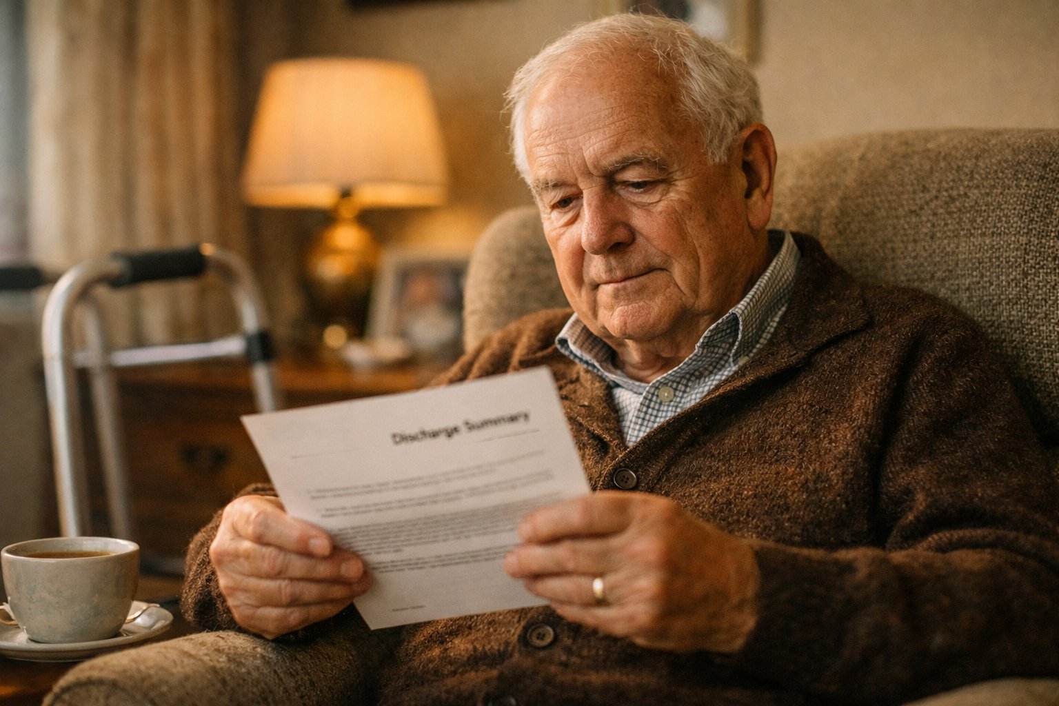 Elderly man at home reading a hospital discharge summary