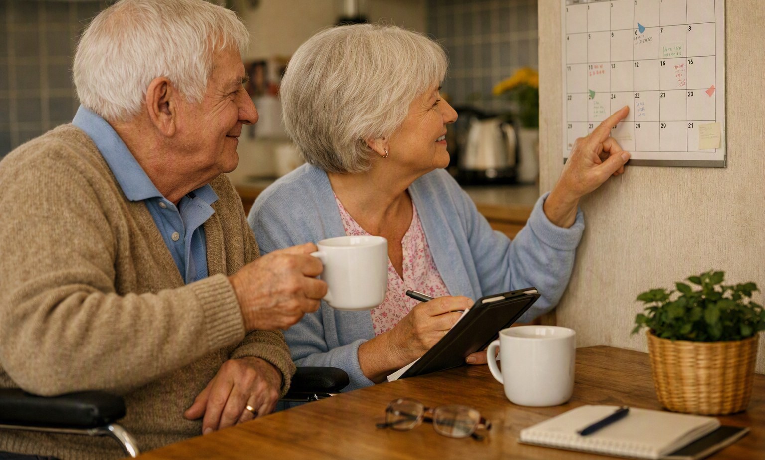 Older couple at their kitchen table, checking appointments on the wall calendar