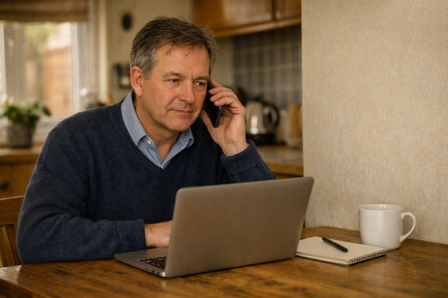 A man at home on the telephone, sorting out his mother&rsquo;s care from a hundred miles away
