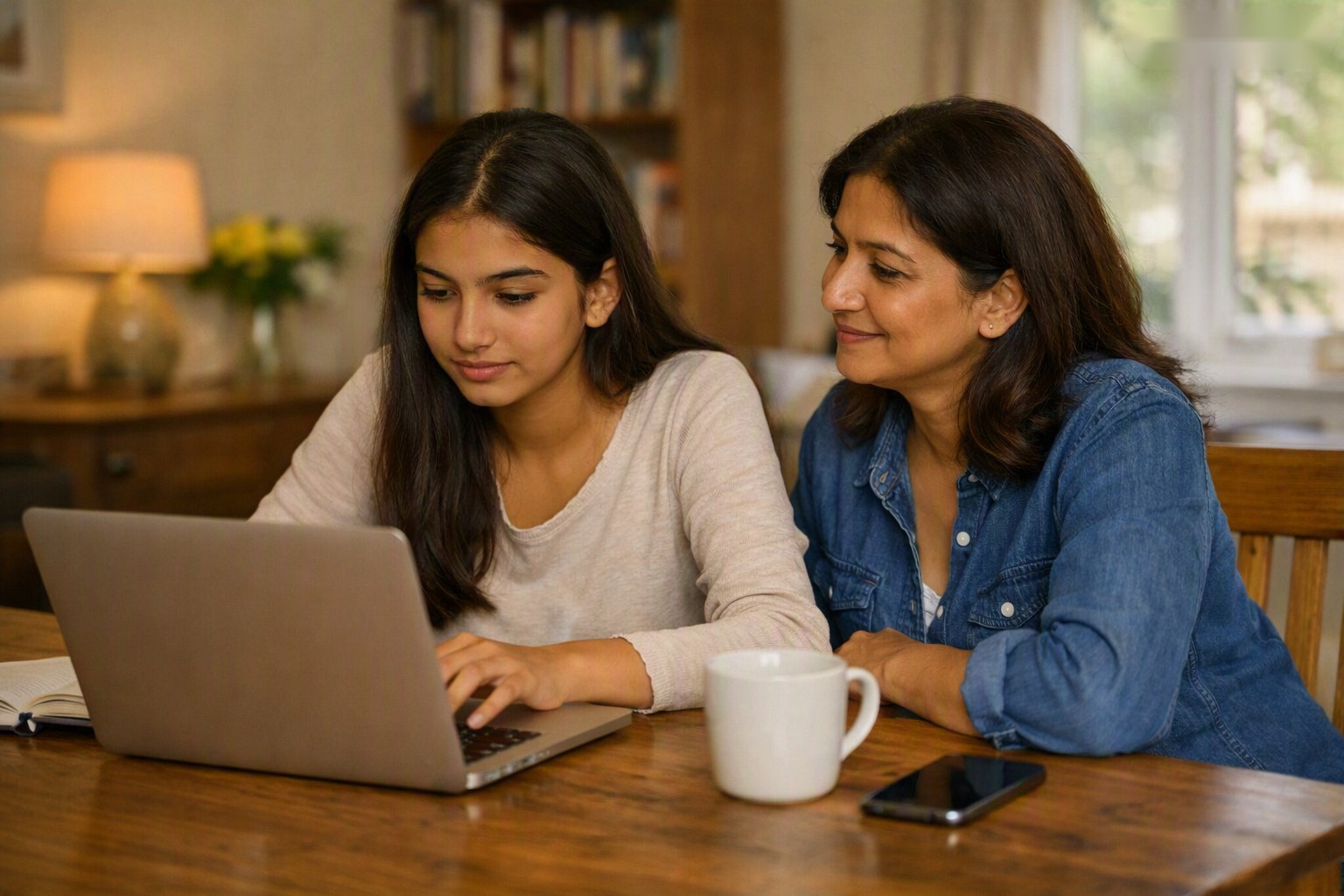 Teenage girl and her mother working through something together on a laptop
